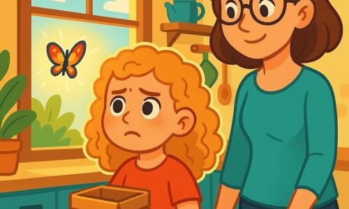 Una ragazza di 8 anni, Alice, con capelli ricci e dorati, occhi brillanti di curiosità, si trova davanti a una finestra, con un'espressione sia preoccupata che determinata. Tiene in mano una piccola scatola di cartone, guardando una delicata farfalla colorata che vola all'esterno, con le ali vibranti illuminate dal sole. Accanto a lei, sua madre, una donna di circa 30 anni, con capelli castani e occhiali, osserva la figlia con un sorriso dolce ma interrogativo, mentre si trova vicino a un tavolo di legno. La scena si svolge in una cucina accogliente, piena di luce naturale, con pareti dipinte di giallo pastello e piante verdi sul davanzale della finestra. Alice, con un misto di nervosità e coraggio, deve decidere se confessare a sua madre di aver mentito sulla farfalla che ha catturato.