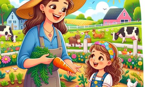 Una mujer alegre, Marta, está en el centro de la imagen, llevando un gran sombrero de paja y una sonrisa radiante. Tiene el cabello castaño recogido en una coleta y viste una blusa azul y pantalones de tela. Sostiene una zanahoria fresca en una mano y muestra orgullosamente sus verduras a una niña curiosa, Sofía. Sofía, de 7 años, tiene el cabello rizado y lleva un vestido colorido con motivos de flores. Está al lado de Marta, con los ojos brillantes de asombro, lista para aprender. La escena se desarrolla en una granja soleada, rodeada de campos verdes, flores brillantes y animales felices. Se ven vacas pastando a lo lejos y gallinas picoteando el suelo. Marta le explica a Sofía cómo cultivar verduras y ríen juntas al descubrir los tesoros del jardín.