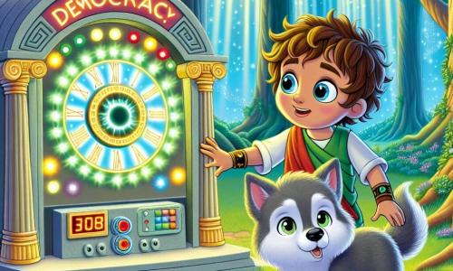 Un pequeño lobo llamado Lupo, con pelaje gris y ojos brillantes de curiosidad, se encuentra frente a una misteriosa máquina del tiempo, con una expresión maravillada y algo preocupada. Toca delicadamente el panel de control, rodeado de luces centelleantes y botones de colores. A su lado, un joven con cabello rizado y túnica griega, con una sonrisa alentadora, observa a Lupo, entusiasta y listo para compartir sus conocimientos sobre la democracia. Al fondo, un paisaje de bosque verde con árboles majestuosos y un cielo azul brillante, donde los rayos del sol atraviesan las hojas, creando una atmósfera mágica. La escena muestra a Lupo a punto de emprender un viaje en el tiempo, con destellos de luz emanando de la máquina, simbolizando la aventura que le espera.