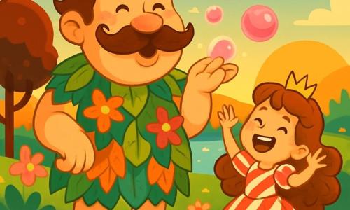 Un gigante gioioso di nome Grolotto, con un grande baffo ricciuto e un sorriso splendente, si trova al centro dell'immagine. Indossa una tunica colorata fatta di foglie e fiori, e i suoi occhi brillano di malizia. Sta facendo un trucco di magia, soffiando bolle di marmellata rosa che fluttuano attorno a lui. Accanto a lui, la piccola principessa Ciliegina, di circa 8 anni, con lunghi capelli ricci e un vestito di zucchero filato, ride di gusto cercando di afferrare una bolla. Si tiene leggermente indietro, con le braccia alzate, pronta a tuffarsi nella dolcezza. Sullo sfondo, il paesaggio incantevole della Valle Ridarella si estende, con alberi di cioccolato, fiori cantanti e un lago scintillante sotto il sole al tramonto. La scena principale mostra Grolotto e Ciliegina circondati da risate e colori, creando un momento magico dove gioia e amicizia si mescolano in un'atmosfera festosa e ludica.