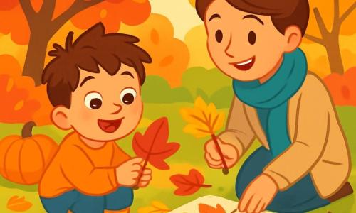 Un niño de 4 años, con el cabello castaño desordenado y ojos brillantes de alegría, está agachado en un jardín de otoño. Lleva un suéter naranja brillante y botas de goma amarillas, y sonríe maravillado mientras sostiene una gran hoja roja en sus pequeñas manos. Junto a él, su mamá, una mujer de unos 30 años con el cabello castaño recogido en un moño, está de rodillas, sonriendo y ayudándole a recoger hojas coloridas. Ella lleva una bufanda suave y un abrigo ligero. El jardín está lleno de hermosos árboles con hojas brillantes en tonos rojos, naranjas y amarillos, y hay calabazas redondas esparcidas por el suelo. La luz del sol se filtra a través de las ramas, creando sombras danzantes en el suelo. La escena principal muestra al niño y a su mamá creando un collage de otoño, rodeados de hojas caídas, pequeñas calabazas y maíz, con un aire de felicidad y complicidad.