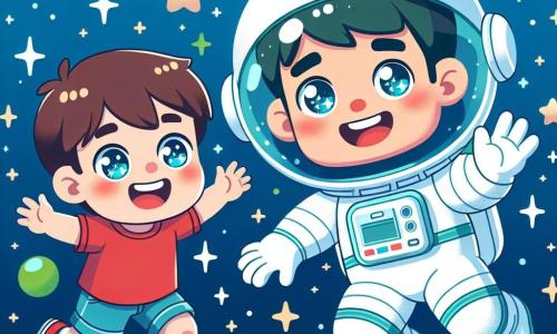 Sam, a smiling astronaut, wears a large white spacesuit with a shiny helmet. He joyfully floats in space with open arms, surrounded by twinkling stars and a blue and green Earth in the background. Next to him, Ben, a small boy of about 7 with brown hair and sparkling eyes, looks on in wonder. He wears a red t-shirt and blue shorts, floating slightly with his arms raised as if trying to touch the stars. The scene takes place in the vastness of space, where bright stars illuminate the deep black cosmos. The Earth is majestically visible below, adding a splash of color to the environment. The main situation shows Sam explaining the wonders of space to Ben, with twinkling stars around them, while Ben listens attentively, his eyes wide with fascination.