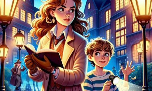 A female detective named Nora Hale stands at the center of the scene, with a determined and curious expression on her face. She has wavy brown hair and wears a long beige coat, holding an open notebook in one hand and a pen in the other. Beside her is a young boy named Tommy, about 10 years old, with messy blonde hair and wearing a striped t-shirt, looking on with admiration and excitement, holding a flashlight that lights the way. In the background, the Greyhaven Museum stands majestically with its large glass windows and red brick walls, surrounded by twinkling lanterns and wet cobblestones, creating a mysterious atmosphere. The starry night and a gentle breeze make the leaves of nearby trees dance. The main scene shows Nora and Tommy examining a shoe print on the ground, illuminated by the glow of lanterns as they search for clues to solve the mystery of the missing compass.