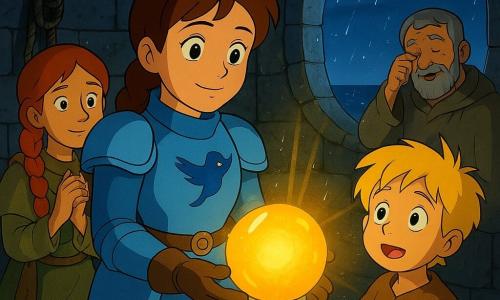 The chevaleress is a young brave woman with a round face and braided brown hair, wearing light azure armor and holding a painted-bird shield; she gazes at a glowing golden lantern-stone held in her gloved hands at the center of the scene with a soft, determined expression. The young heir Rowan, about seven, small with tousled blond hair and a simple coat, stands slightly to her right holding her hand and looking at the stone with wide, amazed eyes. Mira, a fifteen-year-old girl with red hair in braids and slightly dirty bird-keeper clothes, stands left in the background with hands clasped, relieved and shy. Old keeper Tomlin, an elderly man with a short gray beard and worn clothes, stands by a round lighthouse window wiping a joyful tear on his sleeve. The setting is the lantern room atop a stone lighthouse: wet old granite circular walls, large round windows opening to the night sea, a shiny damp wooden floor with ropes, silver reflections everywhere. The main moment shows the lantern-stone—a golden globe on a metal pedestal—emitting a powerful beam through the window with water droplets sparkling in the light, a tranquil yet triumphant atmosphere; vivid contrasting colors, clean rounded outlines, slightly stylized stone and metal textures, exaggerated but tender facial expressions, and dramatic lighting from the stone.