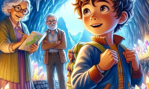 A 10-year-old boy, Tommy, with curly brown hair and sparkling curious eyes, stands in front of a magnificent cave illuminated by shimmering crystals. He carries a colorful backpack filled with maps and crayons, and his face shows wonder and excitement. Beside him, his grandmother, an elderly woman with silver hair and a warm smile, admires the cave with her hands on her hips. A bit behind, his grandfather, an elderly man with a gray beard and glasses, takes notes in a notebook, fascinated by the crystals. The location is a mysterious cave in the heart of the Himalayas, with walls adorned with bright crystals that reflect light, creating a magical atmosphere. The main scene shows Tommy discovering the cave, captivated by an enchanting melody resonating inside, while his grandparents encourage him, sharing this moment of family wonder.