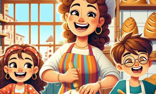 Dona Bia é uma mulher alegre, com cabelos cacheados e um sorriso radiante. Ela usa um avental colorido e está amassando massa de pão, com as mãos cheias de farinha, demonstrando felicidade e orgulho. Lúcia, uma menina de 8 anos com cabelos longos e castanhos, está ao seu lado, moldando um pão em forma de coração, com os olhos brilhando de excitação. Tomás, um menino de 7 anos com óculos e sardas, observa atentamente, segurando um rolo de massa, pronto para ajudar. A cena ocorre em uma charmosa padaria, com paredes de tijolos vermelhos, prateleiras cheias de pães dourados e janelas de madeira que deixam entrar a luz do sol. O ar está cheio do cheiro delicioso de pão fresco e doces. Dona Bia e as crianças se divertem criando pães com formas divertidas, rindo e compartilhando momentos de alegria, enquanto a padaria é cheia de calor e amizade.