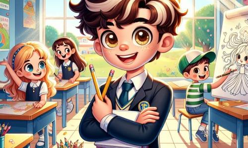 Un niño de 11 años, llamado Pablo, está en el centro de la imagen, con cabello rizado y ojos castaños brillantes de emoción. Lleva un uniforme escolar azul marino y una camisa blanca, sosteniendo un lápiz y un cuaderno de dibujo en sus manos, listo para crear. A su derecha, Clara, una niña de 10 años con cabello largo y rubio, sonríe alegremente sosteniendo marcadores de colores, lista para dibujar hadas. A la izquierda, Lucas, un niño de 11 años con una gorra verde y una camiseta a rayas, mira con entusiasmo el proyecto del mural, con los brazos cruzados, lleno de energía. El fondo es un aula luminosa, con paredes decoradas con carteles coloridos sobre ciencias y geografía, y un gran pizarrón al fondo. La escena principal muestra a Pablo, Clara y Lucas, rodeados de sus compañeros, colaborando alegremente en un gran mural que representa un mundo fantástico, lleno de dragones, hadas y paisajes encantadores, cada uno aportando su toque personal a la obra colectiva.