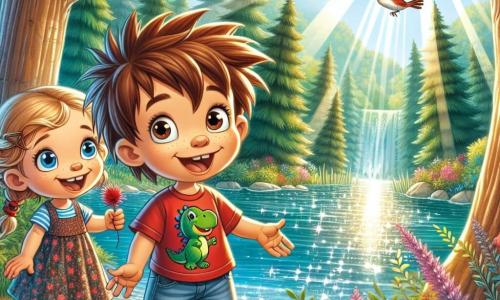 Um menino de 4 anos, Tomás, com cabelo castanho bagunçado e olhos curiosos, está à beira de um lago cintilante, com um grande sorriso no rosto. Ele usa uma camiseta vermelha com um dinossauro e um short de denim, segurando uma pequena pena vermelha na mão, maravilhado com a água. Ao seu lado, sua melhor amiga Ana, também de 4 anos, com cabelo loiro trançado e olhos azuis brilhantes, aponta para um pássaro colorido que voa acima deles. Ela veste um vestido florido e sandálias, mostrando uma expressão de alegria e empolgação. Ao fundo, a Floresta Encantada está cheia de grandes árvores com troncos grossos e folhas verdes vibrantes, com flores multicoloridas dançando ao vento. Raios de sol penetram pela folhagem, criando reflexos de luz na água do lago. A cena principal mostra Tomás e Ana descobrindo juntos um lindo lago no meio da floresta, maravilhados com a beleza dos pássaros mágicos que voam ao redor, prontos para viver uma nova aventura.