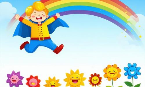 Ein Superheld namens Blitze-Mann, ein Mann mit einem strahlend blauen Lächeln und sonnengelben Haaren, springt fröhlich in die Luft, bereit, einen Regenbogen zu erschaffen. Neben ihm tanzt eine Gruppe bunter Blumen mit lächelnden Gesichtern im Wind, die ihre Freude und Dankbarkeit ausdrücken. Die Blumen sind in verschiedenen Größen und Farben, einige rosa, andere gelb und violett, alle mit funkelnden Augen. Der Ort ist eine sonnige Stadt mit lebhaften Gebäuden, üppig grünen Bäumen und einem klaren blauen Himmel. In der Ferne beginnt ein leuchtender Regenbogen zu entstehen, der die Landschaft erhellt. Die Hauptsituation zeigt Blitze-Mann, der begeistert seine Kräfte einsetzt, um einen Regentag in eine fröhliche Szene zu verwandeln und den Blumen und der Stadt Glück zu bringen.