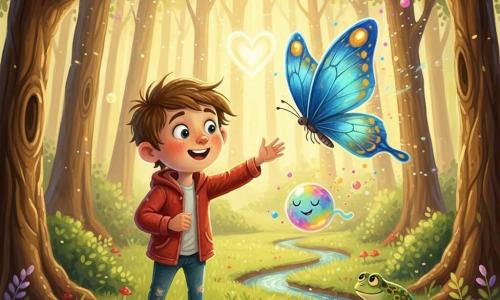 Un niño de 8 años, Mateo, rostro redondo, cabello castaño revuelto, ojos grandes y brillantes, expresión maravillada y sonriente, extiende la mano hacia una gran mariposa azul; viste chaqueta roja y zapatillas gastadas. Una mariposa azul iridiscente de alas anchas con motivos dorados vuela frente a él, como pinceles de luz y juguetona. Junto a Mateo flota un pequeño Sueño, criatura como burbuja translúcida multicolor, con ojos cerrados pero despierto, emitiendo chispas rosas y amarillas. Un sapo verde con manchas doradas reposa sobre una piedra junto a un riachuelo brillante y sonríe. El claro del bosque está bañado en luz dorada, césped verde cortado, anillo de árboles de troncos texturizados y hojas luminosas, con pequeñas flores violetas y setas rojas. Mateo está en el centro rodeado de criaturas mágicas; la mariposa guía su mirada hacia el corazón luminoso del bosque; ambiente suave, colores cálidos y contrastes definidos, estilo pintura acrílica detallada con trazos ligeramente naïf y alegres.
