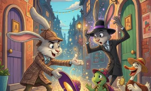 Don Conejo, un conejo detective antropomorfo elegante y vigilante de pelaje gris claro y orejas grandes, con sombrero de tweed marrón y abrigo a cuadros, sonriente y tendiendo la pata para recuperar un sombrero brillante caído (el Sombrero de la Sabiduría); frente a él, un conejo ladrón más oscuro y esbelto con un sombrero negro que destella violeta, sorprendido y retrocediendo mientras chispean destellos mágicos; Tula, una pequeña tortuga amiga de caparazón decorado con mini-sombreros, erguida y aplaudiendo junto al sombrero recuperado; un pato travieso con sombrero de paja riendo y mostrando una insignia dorada; todo en una callejón urbano fantástico al crepúsculo con adoquines brillantes, puertas coloridas, faroles cálidos y guirnaldas de luces, escena dinámica y alegre centrada en el gesto de recuperar el sombrero.