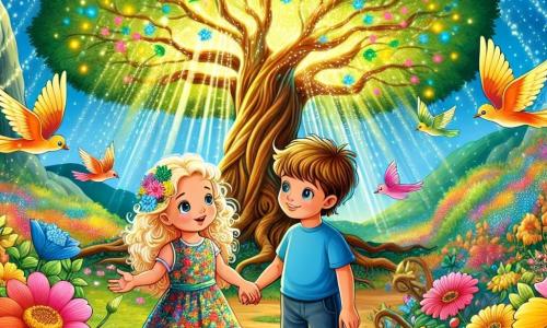 Ci sono due personaggi principali: Mia, una ragazza di 8 anni con capelli biondi e ricci, che indossa un vestito colorato a fiori, si trova a sinistra, meravigliata dal giardino. Leo, un ragazzo di 8 anni con occhi blu brillanti e capelli castani, vestito con una maglietta blu e pantaloni corti, è a destra, sorridente e tiene la mano di Mia. Il luogo è un giardino incantato, pieno di fiori dai colori vivaci che danzano dolcemente nella brezza. Al centro, un grande albero maestoso con foglie verdi brillanti e un tronco nodoso emana una dolce luce dorata, creando un'atmosfera magica. La scena principale mostra Mia e Leo seduti su una panchina di legno sotto l'albero, mentre ascoltano attentamente l'albero che parla, condividendo segreti di saggezza e libertà, mentre uccelli colorati volano intorno a loro, aggiungendo alla magia del momento.
