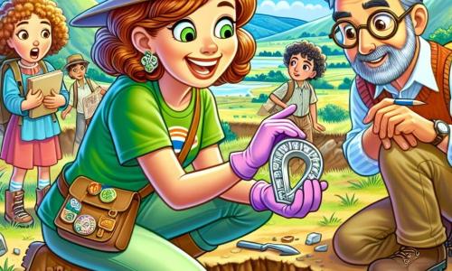 La dottoressa Viola Bianchi, una donna di circa trent'anni, è rappresentata con un grande sorriso entusiasta, indossando un cappello da esploratrice e una maglietta verde. È accucciata, con le mani piene di terra, mentre scopre una fibula d'argento scintillante sepolta nel terreno. Accanto a lei, Pietro, un uomo di circa quarant'anni, con occhiali e barba sale e pepe, osserva con curiosità, tenendo un taccuino. Più lontano, Marta, una ragazza di quindici anni con capelli ricci, si avvicina con uno sguardo stupito, tenendo un piccolo vaso in ceramica decorato con motivi colorati. Il sito di scavi si trova in una valle verdeggiante, circondata da colline maestose, con un cielo azzurro chiaro e alcune nuvole bianche. Strumenti di archeologia sono sparsi attorno a loro, e pezzi di ceramica e pietre antiche sono visibili nel terreno. La scena principale mostra Viola e il suo team in piena scoperta, scavando con passione e meraviglia, mentre riportano alla luce tesori del passato, rivelando i segreti di un'antica civiltà celtica.