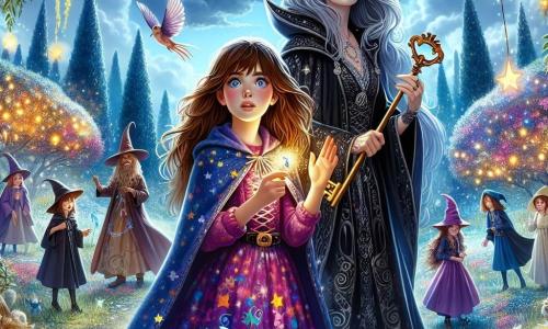 Maja, dziesięcioletnia czarodziejka z długimi brązowymi włosami i oczami pełnymi ciekawości, stoi na środku sceny, trzymając w ręku stary klucz magiczny. Jej twarz wyraża zachwyt i determinację, a na sobie ma kolorową suknię ozdobioną gwiezdnymi wzorami. Obok niej Alara, tajemnicza czarodziejka z srebrnymi włosami i ciemnym płaszczem, obserwuje z życzliwym uśmiechem, gotowa poprowadzić Maję w jej misji. Ma około dwudziestu lat i emanuje aurą mądrości i tajemnicy. W tle grupa dzieci, ubranych w czarodziejskie szaty, przygotowuje magiczny spektakl, ich twarze promienieją radością i podekscytowaniem. Scena rozgrywa się w zaczarowanym ogrodzie, pełnym kolorowych kwiatów i migoczących świateł, gdzie majestatyczne drzewa wznoszą się ku niebu wypełnionemu delikatnymi chmurami. Magiczne stworzenia, takie jak wróżki i świetliki, tańczą wokół, dodając uroku otoczeniu. Maja, z magicznym kluczem, przygotowuje się do otwarcia tajemniczych drzwi, które mogą ujawnić świat magii i przygód, podczas gdy Alara i inne dzieci entuzjastycznie ją wspierają, tworząc atmosferę przyjaźni i odkryć.