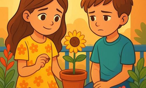 Una niña de 8 años, con largos cabellos castaños y ojos brillantes, está de pie frente a una maceta en un balcón soleado. Lleva un vestido amarillo con flores y tiene una sonrisa dulce, pero sus ojos muestran una ligera tristeza, como si recordara un recuerdo precioso. A su lado, un niño de su edad, con cabello castaño y una expresión pensativa, observa la planta en silencio, con las manos sobre sus rodillas. El balcón está lleno de macetas coloridas, con hojas verdes exuberantes y pétalos brillantes, mientras una suave luz dorada del sol poniente ilumina la escena. La niña sostiene una pequeña semilla en su mano, lista para plantarla, simbolizando la esperanza y el recuerdo. La situación principal muestra el momento en que se preparan para plantar una nueva semilla, un acto de ternura y conexión con el pasado, mientras miran la hermosa flor que florece ante ellos.
