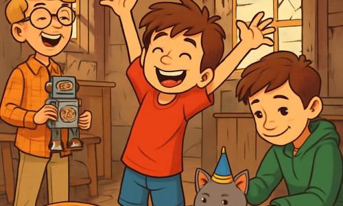 Ci sono 3 personaggi: Marco, un ragazzo di 10 anni con capelli castani disordinati e un grande sorriso malizioso, indossa una maglietta rossa e un pantaloncino blu, si trova al centro alzando le braccia in segno di entusiasmo. Tommaso, un ragazzo di 11 anni alto e magro con occhiali rotondi e capelli biondi, indossa una camicia a quadri e pantaloni beige, è leggermente indietro a sinistra, ride mentre tiene un vecchio giocattolo. Giulio, un ragazzo di 10 anni di altezza media con capelli castani e un sorriso caloroso, indossa un felpa verde e jeans, è a destra accovacciato vicino a un gattino grigio con un piccolo cappello, accarezzandolo dolcemente. La scena si svolge in un vecchio magazzino abbandonato con muri di legno usurati e finestre rotte che lasciano entrare la luce dorata del sole, con vecchi mobili sparsi e palloncini colorati appesi ai muri, creando un'atmosfera festosa. I tre amici stanno preparando una festa a sorpresa per il loro gattino, circondati da decorazioni colorate e dolci, tra risate e giochi.