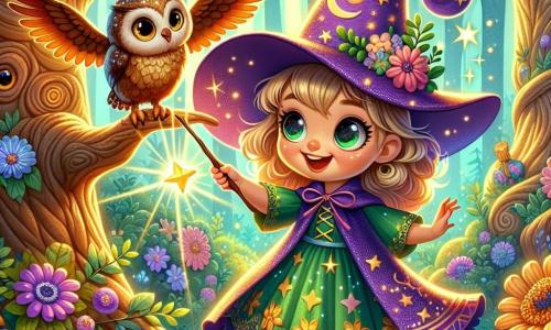 Eine kleine Hexenlehrling, Lila, sechs Jahre alt, steht im Mittelpunkt der Szene. Sie trägt einen langen lila Hut mit funkelnden Sternen und ein grünes Kleid mit goldenen Mondmotiven. Ihr Gesicht strahlt vor einem großen Lächeln, ihre Augen funkeln vor Aufregung, während sie einen Zauberstab in Form eines glitzernden Zweigs schwingt. Neben ihr fliegt eine große, weise Eule namens Klara, mit braunen Federn und runden, goldenen Augen, anmutig davon, bereit, ihr bei ihren Abenteuern zu helfen. Klara sitzt auf einem Ast und beobachtet Lila ermutigend. Der Hintergrund ist ein verzauberter Wald, voller knorriger Bäume und bunter Blumen, die zu singen scheinen. Sonnenstrahlen filtern durch das Laub und schaffen eine magische, warme Atmosphäre. Die Hauptsituation zeigt Lila, die versucht, einen Zauber zum Fliegen zu wirken, umgeben von funkelnden Zauberblasen. Sie lacht fröhlich, während ihr lila Hut in die Luft fliegt, was Klara amüsiert reagiert.