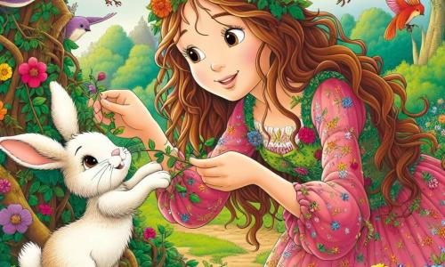 Eine Frau namens Lila, in ihren Dreißigern, mit langen, welligen, hellbraunen Haaren, trägt ein buntes, blumengeschmücktes Kleid. Sie lächelt freundlich und entschlossen, während sie sich bückt, um einem kleinen Hasen zu helfen, der in einem Dornbusch gefangen ist. Neben ihr schaut ein kleiner Hase namens Felix, mit großen Ohren und weichem, weißem Fell, hoffnungsvoll zu Lila, während er versucht, sich von den Dornen zu befreien. Im Hintergrund fliegen bunte Vögel um sie herum, einige setzen sich auf die Äste der Bäume und singen fröhlich, um Lila und Felix zu ermutigen. Die Szene spielt in einem wunderschönen, verzauberten Wald, wo die Bäume hoch und majestätisch sind, ihre Blätter in der Sonne glänzen und bunte Blumen den Boden bedecken, was eine magische und einladende Atmosphäre schafft. Lila nutzt ihre magischen Kräfte, um die Vögel um Hilfe zu bitten, während sie Felix die Hand entgegenstreckt, bereit, ihn von den Dornen zu befreien.