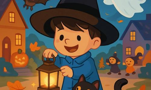 Un ragazzo di 6 anni, di nome Luca, indossa un cappotto blu brillante e un grande cappello nero che gli copre gli occhi. Il suo viso è illuminato da un sorriso gioioso e meravigliato, mentre tiene una lanterna luminosa nelle sue piccole mani. Accanto a lui, un gatto nero dagli occhi gialli scintillanti si strofina contro le sue gambe, mostrando un'espressione curiosa e amichevole. Un pipistrello dalle ali spiegate vola gioiosamente sopra la sua testa, mentre un fantasma traslucido, con occhi tondi e dolci, fluttua nei dintorni, apparendo sia timido che amichevole. La scena si svolge in una deliziosa piazza di paese decorata per Halloween, con case dalle finestre illuminate e zucche sorridenti sui portici. Foglie d'autunno dai colori vivaci danzano nel vento, creando un'atmosfera festosa e calorosa. Luca, con la sua lanterna, si prepara ad accendere una grande zucca dal sorriso splendente, circondata da luci scintillanti, mentre bambini in costume si divertono intorno a lui, riempiendo l'aria di risate e gioia.