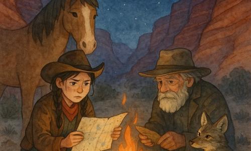 Nora ist eine junge Cowgirl-Frau mit entschlossenem, leicht besorgtem Gesicht, braunen, feuchten Zöpfen, brauner Lederjacke und schiefem Cowgirl-Hut; sie hält vorsichtig eine regenbefleckte Karte, die über den Glutstücken am Lagerfeuer trocknet. Dusty, ein kräftiger Hengst mit hellbraunem Fell und weißer Schnauze, steht ruhig und schützend neben ihr. Der alte Goldsucher, etwa 65 Jahre alt, mit struppigem grauen Bart und verstaubtem Hut, sitzt am Feuer und neigt die Karte, um die vom Schein sichtbaren Linien zu lesen. Ein kleiner nasser Kojote mit geflecktem Fell und spitzen Ohren sitzt neugierig bei ihnen. Schauplatz: roter Felscanyon mit gestreiften Wänden, Kiesboden, vereinzelte vertrocknete Büsche, tiefer Nachthimmel mit schwachen Sternen; das Lagerfeuer wirft warme Schatten. Stimmung: intim und mutig, sanfte Aquarellfarben, warmer Feuerkontrast zu kühlen Nachtblau.