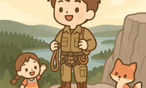 Michał (ok. 18–20 lat), uśmiechnięty, z błyszczącymi oczami i dumno-zachwyconą miną, brązowe rozczochrane włosy, w stroju eksploratora: khaki kurtka, spodnie typu cargo, buty, widoczna lina i uprząż, stoi na szczycie skalnej klifu trzymając linę jedną ręką i patrząc na horyzont; jego młodsza siostra (ok. 8 lat), w warkoczach i kolorowej sukience, z radosnym uśmiechem, stoi niżej po lewej na ścieżce i macha na zachętę; mały rudawy lisek ze ciekawymi oczami i puchatym futrem siedzi przy skale po prawej z przechyloną głową; miejsce: skalny szczyt z szarymi, teksturowanymi ścianami, wysoką trawą i dzikimi kwiatami na pierwszym planie, ciemnozielone lasy i niebieskie jeziora poniżej, pastelowe niebo o wschodzie słońca; scena: zwycięski młody odkrywca podziwiający rozległy, jasny panoramę z klifu, siostra go zachęca, lis towarzyszy, nastrojowa, ciepłe barwy, proste formy, minimalistyczny styl kawaii.