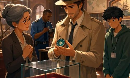 A thirty-something detective with a thin face, three-day stubble, slightly wrinkled beige coat and fedora, expression focused and gentle, holds a small compass at chest height under a beam of light; to his left the museum director, about 40, gray hair in a bun, thin glasses, relieved but still concerned, stands by a closed display case; to his right a 16-year-old volunteer boy with messy black hair and a museum badge stands back with hands clasped and eyes downcast; a fifty-year-old male guard in a blue uniform repairs a camera cable calmly in the background; setting: large exhibition hall of a former train station converted into a museum with red brick walls, polished wooden arches, glass cases on burgundy velvet pedestals, vintage nautical posters and warm light from high windows; mood: calm after a discovery, the found compass in the detective’s hands, characters gathered around an empty case, atmosphere of repair and regained trust, close and medium shots, warm earthy palette with teal accents on the compass.
