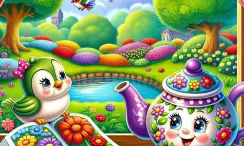 Tilly, a pretty ceramic teapot with floral patterns, sits on a windowsill, her spout slightly tilted and her eyes sparkling with joy. She smiles widely, ready to greet the park. Next to her, Benny, a book with colorful pages and rounded corners, is open and seems to vibrate with excitement, its pages gently fluttering in the wind as if telling a story. The setting is a wooden window overlooking a vibrant park: bright red, yellow, and purple flowers dance in the breeze, while birds sing joyfully in the lush trees. In the background, a pond sparkles in the sun, reflecting the blue sky. In this scene, Tilly and Benny greet the park, their hearts filled with happiness, while a small sparrow perched on the windowsill listens attentively, its eyes shining with curiosity.