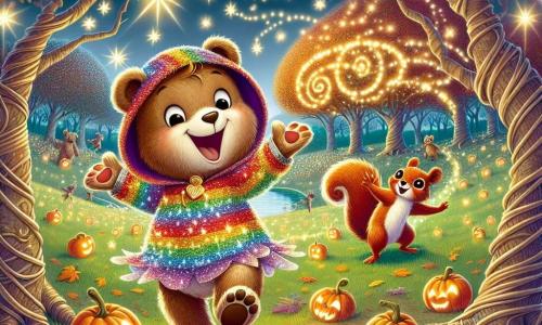 Een kleine teddybeer genaamd Bram, met een zachte bruine vacht en glanzende ogen, draagt een glinsterend magisch kostuum in de kleuren van de regenboog. Hij heeft een grote glimlach van verwondering terwijl hij vrolijk danst in het midden van een open plek, verlicht door duizenden kleine fonkelende lichtjes, als sterren die uit de lucht zijn gevallen. Naast hem springt een klein eekhoorntje genaamd Ella, met een rode vacht en sprankelende ogen, van blijdschap, haar voorpoten in de lucht. Ze is vol enthousiasme en kijkt naar Bram met bewondering, klaar om hem te vergezellen op avontuur. De locatie is een prachtige heuvel, de Glinsterende Heuvel, bedekt met gouden bladeren en groene gras, waar pompoenlampionnen zachtjes stralen in de Halloween-nacht. Gekronkelde bomen omringen de open plek, wat een mysterieuze en magische sfeer creëert. De hoofdscène toont Bram en Ella die samen dansen, omringd door bosdieren, allemaal samengekomen om een vrolijke Halloween te vieren, vol gelach en magie, onder een sterrenhemel.