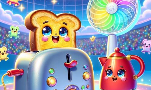 In the foreground, Buzz, a small smiling toaster with colorful buttons and sparkling eyes, is popping up a slice of golden bread, his lever enthusiastically raised. He exudes an aura of joy and excitement, his small metal feet shining under the light. Next to him, Sparky, a bright red electric kettle with an elegant spout and round eyes, watches in admiration, her cheeks glowing with warmth, waiting for Buzz to finish his toast. Twirl, a cheerful-looking fan with colorful blades spinning, dances around them, creating a gentle breeze and adding to the festive atmosphere. The setting is the Sky Arena, a vast floating stadium with sparkling glass walls, surrounded by pastel clouds and multicolored lights. Holograms of gadgets and spectators float in the air, creating a magical and futuristic ambiance. The main scene shows Buzz winning the talent contest, surrounded by his friends, all applauding and celebrating his success, while digital fireworks burst in the sky, illuminating the moment of joy and friendship.