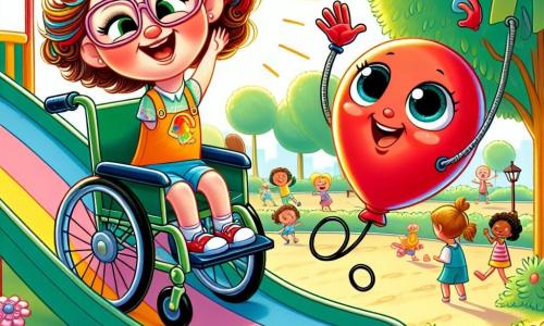 Un personaje principal, una joven sonriente con cabello rizado y gafas coloridas, está sentada en una silla de ruedas brillante, sus ojos brillando de alegría mientras desliza por un tobogán colorido en un parque soleado. A su lado, un globo rojo antropomórfico, con una cara alegre y brazos de alambre, flota en el aire, animando a la joven con entusiasmo. El parque está lleno de flores brillantes, árboles verdes y risas de niños que juegan alrededor, creando una atmósfera alegre y acogedora. La escena principal muestra a la joven deslizándose por el tobogán, el viento en su cabello, mientras el globo rojo aplaude, celebrando el momento de felicidad y amistad.