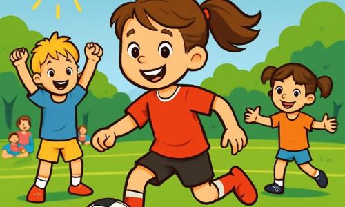 Ein etwa 10-jähriges Mädchen, Lina, steht im Mittelpunkt des Bildes. Sie trägt ein leuchtend rotes Fußballtrikot mit einer schwarzen Shorts, ihre braunen Haare sind zu einem Pferdeschwanz gebunden und wehen im Wind. Ihr Gesicht strahlt Freude und Entschlossenheit aus, mit einem breiten Lächeln und funkelnden Augen. Sie dribbelt einen glänzenden Fußball auf einem grünen Spielfeld. Neben ihr ermutigt ein 9-jähriger Junge, Tom, mit zerzausten blonden Haaren, sie, indem er die Arme hebt. Er trägt ein blaues T-Shirt und gelbe Shorts. Ein weiteres Kind, Anna, ein 10-jähriges Mädchen mit braunen Zöpfen, steht etwas weiter entfernt, bereit den Ball zu empfangen, mit offenen Armen und einem begeisterten Blick. Die Szenerie zeigt ein großes Fußballfeld, umgeben von Zuschauern, die auf bunten Decken sitzen, mit grünen Bäumen im Hintergrund. Der Himmel ist blau mit einigen weißen Wolken, und die Sonne scheint, was eine fröhliche und dynamische Atmosphäre schafft. Die Hauptsituation zeigt Lina, die den Ball zu Anna passt, während Tom sie anfeuert. Die Aufregung und der Teamgeist sind spürbar und verdeutlichen den Spaß am Spiel und die Freundschaft, die die Kinder auf dem Feld verbindet.
