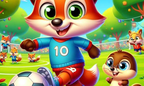 In der Mitte des Bildes dribbelt Felix, ein kleiner, leuchtend roter Fuchs mit großen, aufgeregten Augen, einen Handball auf einem grünen Rasen. Er lächelt strahlend, voller Entschlossenheit und Begeisterung. Rechts von ihm springt Max, ein Maulwurf mit braunem Fell und kleinen Füßen, fröhlich in die Luft, seine Augen glänzen vor Freude, bereit, den Ball zu fangen. Im Hintergrund sieht man eine lebhafte, bunte Waldszene mit grünen Blättern und leuchtenden Blumen, sowie eine Gruppe neugieriger Tiere, die bewundernd zuschauen. Die Hauptsituation zeigt Felix und Max beim Training, umgeben von Freunden, in einer festlichen und freundlichen Atmosphäre, in der Teamgeist und Spielspaß spürbar sind.