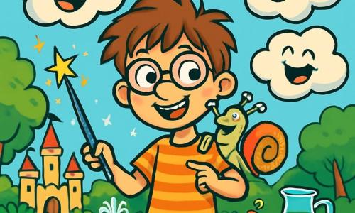 Ein 10-jähriger Junge namens Finn mit zerzausten Haaren und schiefen Brillenläsern lächelt mit funkelnden Augen vor Aufregung. Er trägt ein gestreiftes T-Shirt und eine Jeansshorts und hält einen seltsamen, glitzernden „Zauberstab“ in einer Hand. Neben ihm sitzt eine kleine Schnecke namens Lulatsch mit einer bunten Spiralenschale stolz auf seiner Schulter und zeigt mit einem kleinen Fuß auf eine Wolkenansammlung, die lacht. Im Hintergrund ist der Schlossgarten voller leuchtender Blumen, großer Bäume mit üppigem grünem Laub und steinernen Wegen, die um funkelnde Brunnen führen. Die Szene wird von schwebenden Glückswolken belebt, die anscheinend Verstecken spielen mit Eimern Limonade und bunten Kuchen. Finn, mit einem entschlossenen und fröhlichen Gesichtsausdruck, versucht, die schelmischen Wolken zu fangen, die lachend entkommen, während Lulatsch ihn begeistert anfeuert.