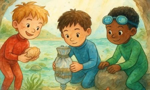 Er zijn drie jongens van 6 jaar: Milo, bruin haar iets in de war, kalme blik, draagt een lichtblauw duikpak, knielt in het midden en houdt voorzichtig een zelfgemaakt filterflesje vast; Sem, blond met sproeten, levendige uitdrukking, in een rood duikpak links, gebogen en houdt een kleine schelp terwijl hij naar het filter glimlacht; Joep, kort zwart haar, ronde duikbril en groen pak rechts, leunt tegen een lage steen en stelt het filterdoek zorgvuldig af. Ze bevinden zich in een ondiepe, rotsachtige baai onder een stenen boog met groenblauw doorzichtig water, licht zand- en keienbodem, wiegende groene wiertuften, rode zeesterren op de rotsen en zonnestralen die door het water vallen. De drie kinderen testen een zelfgemaakt filter: een omgekeerde fles met een strak doek en lagen kleine steentjes en zand, fijne druppels helder water vallen in een stenen kuiltje, een klein geel visje nadert nieuwsgierig; de sfeer is zacht, samenwerkend en rustig met lichte aquarelspatten voor beweging.