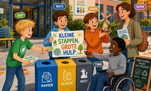 Vijf personages voor een moderne basisschool: Mats (jongetje ~10) met kort bruin haar en lichtblauwe jas staat centraal voor een driekleurige afvalbak en houdt een kleurige poster "KLEINE STAPPEN, GROTE HULP"; links Joep (blond, groen T-shirt) deelt blaadjesstikkers uit en lacht; rechts Daan (bruin haar, oranje trui) toont een draaiend houten molentje; iets voor en rechts Timo (jongetje ~10, rolstoel, zwart haar, grijze trui) wijst of houdt Mats’ hand; achter hen Noor (vrouw ~30–35, bruin opgestoken haar, kaki jas) staat bij een schoolbord met rugzak en folder, bemoedigend en glimlachend. Op de schone stoep een kastanjeboom met oranje bladeren, lichte bakstenen schoolmuur, schoolvlag, bankjes, krijttekeningen (lachende aarde, zon) en een levendige, optimistische sfeer van afvalscheiding bij zacht namiddaglicht.