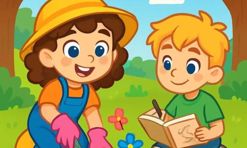 A 6-year-old girl named Lila, with sparkling blue eyes and curly brown hair, smiles enthusiastically as she plants colorful flowers in a sunny garden. She wears a bright yellow hat and pink gardening gloves, her face radiating joy and determination. Next to her, a 7-year-old boy named Sam, with messy blonde hair and a green t-shirt, sketches birds in a small notebook, observing the wonders of nature. They are in a lush park, surrounded by majestic trees, vibrant flowers, and fluttering butterflies. The scene depicts Lila and Sam working together to beautify their environment, filled with energy and enthusiasm for saving nature.