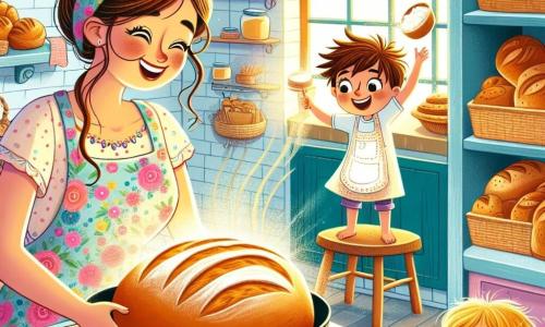 In a warm and colorful bakery, a cheerful woman named Lucy, with long brown hair tied in a bun, wearing a floral apron, smiles enthusiastically as she takes a golden loaf of bread out of the oven. Next to her, a 7-year-old girl named Mia, with braided blonde hair and sparkling eyes, watches the bread in awe while holding a small bowl of flour. A 6-year-old boy named Alex, with tousled brown hair and a mischievous smile, stands on a chair mixing dough in a large bowl, arms raised like a chef. The bakery is filled with bright colors: pastel walls, shelves loaded with delicious pastries, and windows letting in sunlight, creating a welcoming and joyful atmosphere. In the center of the scene, Lucy, Mia, and Alex share a happy moment preparing bread together, surrounded by flour floating in the air, illustrating the magic and adventure of the bakery.