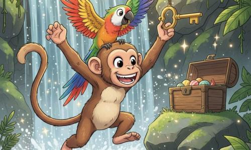 Een vrolijke aap met grote ronde ogen, lange pluimstaart en lichtbruin, zacht vachtje met crèmemarkeringen in het gezicht, lachend met tanden en springend om een papegaai te helpen een grote gouden sleutel aan een tak te grijpen; de papegaai heeft regenboogveren, gespreide vleugels, een opgetogen blik en zit op de schouder van de aap terwijl hij zijn vleugel uitstrekt naar de sleutel. Op de achtergrond staat een oud houten kistje op een met mos bedekte steen, half open met wat kleurrijke snoepjes en glinsterende steentjes binnenin, en alles speelt zich af bij een spectaculaire waterval met zilverachtig vallend water, fonkelende spatten, groene rotsen, hangende liaanbladeren en goudlicht tussen de bomen; de scène toont het moment van inspanning en vreugde, met opspattende druppels en een magische, warme gloed.