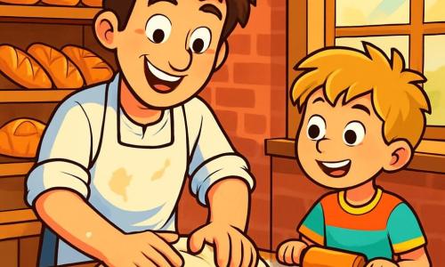 A smiling baker with sparkling eyes stands in front of a large wooden table covered in flour. He wears a slightly stained white apron and has messy brown hair. His hands are immersed in bread dough, which he shapes carefully, showing an expression of concentration and happiness. Next to him, a young boy, about 10 years old, watches in awe. He has tousled blonde hair and wears a colorful t-shirt. He holds a small rolling pin, ready to assist his mentor. The setting is a cozy bakery with red brick walls and wooden shelves filled with golden bread and tempting pastries. Morning light filters through large windows, illuminating the scene with a warm golden glow. The main focus shows the baker and the boy working together, shaping bread in a joyful, collaborative atmosphere filled with flour and laughter.