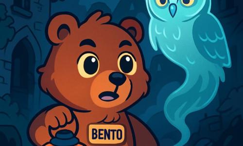 Um jovem urso pardo, chamado Bento, está no centro da cena, com um olhar determinado e curioso, seus grandes olhos redondos brilhando de excitação. Seu pelo é macio e sedoso, e ele segura uma pequena lanterna em forma de abóbora, iluminando seu rosto com um brilho acolhedor. Ao lado dele, uma aparição translúcida de um antigo habitante da aldeia, uma velha coruja sábia, flutua levemente acima do chão. Suas penas são etéreas e cintilantes, e seus olhos dourados expressam uma melancolia reconfortante. Ela observa Bento com benevolência, como se o encorajasse a seguir em frente. O cenário é uma velha aldeia abandonada, envolta em uma névoa densa e misteriosa. As casas em ruínas, cobertas de hera, têm janelas quebradas que parecem observar os personagens. Sombras dançam nas paredes, criando uma atmosfera ao mesmo tempo inquietante e fascinante. A situação principal mostra Bento, o coração batendo forte, pronto para enfrentar seus medos cantando uma antiga melodia para libertar as almas aprisionadas. A luz de sua lanterna ilumina o caminho, enquanto a coruja o vigia, pronta para guiá-lo nesta aventura mágica e assustadora.