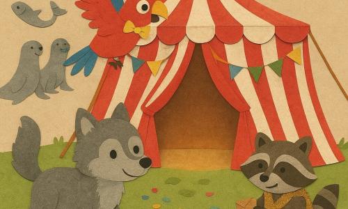 Pip, a small gray wolf with round eyes and fluffy fur, walks on green grass toward a large red-and-white striped circus tent with his tail up; Pepper, a bright red parrot with a shiny bow tie, flies ahead pointing to the entrance, while a mischievous raccoon in a sequined vest pops from a floor hatch to Pip’s left holding snacks and a row of silver juggling seals performs in the background; the billowing central tent with ropes and colorful pennants bathes the scene in warm light, footprints, confetti and scattered popcorn create a festive, slightly chaotic atmosphere as Pip hesitates but smiles, ready to enter and perhaps join the show.