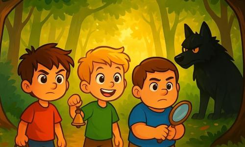There are three characters: Milo, a 5-year-old boy with messy brown hair and bright hazel eyes, holding a small lantern that lights up his determined face; Jonah, a 5-year-old boy with blonde hair and sparkling eyes, shaking a small bell with a mischievous smile illuminating his face; and Ben, a 5-year-old boy with brown hair and a sturdy build, holding a small mirror and looking seriously around him. The three boys stand side by side on a dirt path lined with majestic trees, their silhouettes outlined against the golden morning light. The setting is a dense forest with tall trees, rough trunks, and green leaves gently swaying in the wind. Sunlight filters through the foliage, creating patches of light on the leaf-covered ground. The main scene shows the boys facing the Big Bad Wolf, who stands in the shadow of the trees, his fur black as night and piercing eyes fixed on them. The boys, brave and determined, stand tall, ready to protect the small animals of the forest.