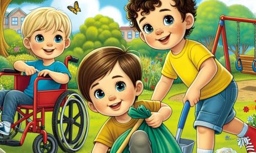 In a sunny park, three friends are cleaning and planting flowers. Max, a three-year-old boy with brown hair and sparkling eyes, is crouching down, picking up trash with a big smile. To his right, Eli, a four-year-old boy in a red wheelchair, joyfully watches Max while holding a trash bag. To the left, Sam, a three-year-old boy with curly hair and a yellow t-shirt, is using a small shovel to dig holes in the ground. The park is filled with tall green trees, colorful flowers, and a bright blue sky. In the background, there is a slide and swings, while butterflies flutter around the flowers. The three friends are actively collecting trash and planting flower seeds in the soil, eager to beautify the park and make nature bloom.