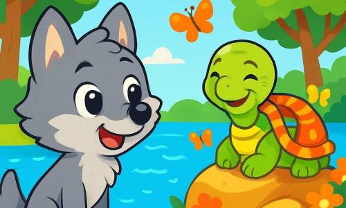 A small wolf with bright, curious eyes and soft gray fur stands at the edge of a sparkling lake, its face radiating excitement and wonder. It gazes at a magical island in the middle of the lake, where a wise old turtle with a shell adorned with colorful patterns smiles gently, its eyes twinkling with wisdom. The turtle is sitting on a sunny rock, surrounded by vibrant flowers and dancing butterflies. In the background, majestic trees with vibrant green leaves rise under a clear blue sky, creating a peaceful and enchanted atmosphere. The moment captures the small wolf's curiosity as it prepares to ask the turtle a profound question about truth, symbolizing the quest for wisdom and understanding.