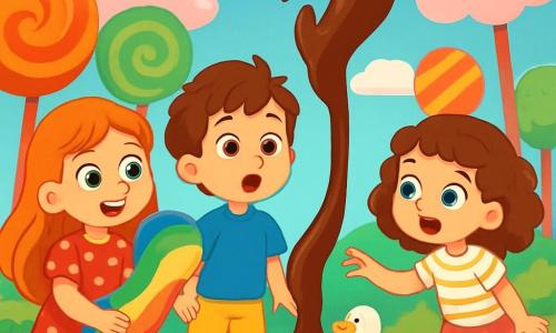There are 3 characters: - Lucy: a 7-year-old girl with long red hair and sparkling green eyes. She wears a red polka dot dress and holds a large, fluffy rainbow sock in her hands. - Max: a 6-year-old boy with messy brown hair and brown eyes. He wears a blue t-shirt and yellow shorts, looking at the sock with a look of wonder. - Ella: a 7-year-old girl with curly brown hair and blue eyes. She wears a pink skirt and a striped t-shirt, reaching out to a marshmallow duck floating in a chocolate river. The setting is a fantastical candy world, with a ground covered in green gummy worms, brightly colored lollipop trees reaching for the sky, and fluffy cotton candy clouds floating gently. In the center, a chocolate river flows upward, creating a scene that is both magical and absurd. The main situation shows the three friends, amazed and amused, trying to solve the mystery of the chocolate river flowing upside down, surrounded by joyfully quacking marshmallow ducks.