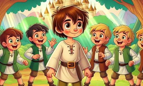Little Thumb, a boy with tousled brown hair and sparkling mischievous eyes, stands at the center of the scene with a determined smile on his face. He wears a simple, slightly oversized tunic and worn sandals. Beside him are his six older brothers, all teenagers with smiling faces and brown hair, encouraging him with enthusiastic gestures, forming a protective circle around him. Their environment is an enchanted forest, where tall, gnarled trees reach towards the sky, their bright green leaves filtering the sunlight. Colorful flowers dot the ground, and rays of light dance between the branches, creating a magical and welcoming atmosphere. In this scene, Little Thumb and his brothers prepare to confront the lord of the golden castle, determined to defend the villagers. Their faces express hope and courage, while the shimmering castle stands in the background, symbolizing both wealth and oppression.