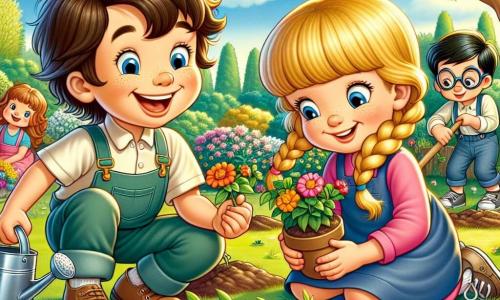 A 4-year-old boy, Tommy, with messy brown hair and a big joyful smile, is crouched in a sunny garden, planting flower seeds in the loose soil. Next to him, a 4-year-old girl, Mia, with braided blonde hair, holds a small watering can and gazes in wonder at the little sprouts emerging from the ground. Another boy, Ben, also 4 years old, wearing glasses and with black hair, is picking up litter in the garden, showing a determined expression. The garden is filled with colorful flowers, vibrant green grass, and tall trees with shiny leaves, under a clear blue sky dotted with fluffy white clouds. The main scene shows Tommy and his friends working together to plant flowers and clean the garden, with bright smiles on their faces, illustrating their joy and enthusiasm for helping nature.