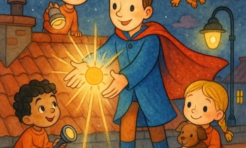 Un erou zâmbitor și blând, ten deschis, păr scurt șaten, ochi rotunzi și binevoitori, poartă o haină albastru-vie și o pelerină sclipitoare, întinde ambele mâini de lumină pentru a prinde o mică machetă de soare; un băiat de 5 ani, păr creț negru, joacă cu o lămpuță mică spartă, stă în stânga lângă marginea acoperișului și îl privește cu admirație; o fetiță de 4 ani, păr blond în codițe, ține în brațe un câine brun rătăcit, e în dreapta și zâmbește timid; o mică maimuțică de pluș zburătoare portocalie plutește deasupra eroului, cu ochi strălucitori ca bilele și expresie jucăușă; acoperișul unei case de oraș noaptea, țigle roșii texturate, coșuri rotunde, felinare galbene cu o lumină blândă, pe fundal un cer înstelat cu câțiva nori violeți; situație: eroul salvează jucăria zburătoare și repară lampa, gesturi largi și delicate, raze de lumină blânde curățând o băltoacă neagră jos, atmosferă calmă, culori calde și contururi clare ca de cerneală.