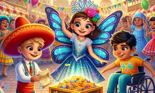 En una escena colorida de carnaval, vemos a tres amigos: Pablo, un niño de 8 años con un gran sombrero rojo y una sonrisa brillante, a la izquierda, sosteniendo un mapa del tesoro. Al lado de él, Ana, una niña de 7 años, lleva un hermoso disfraz de mariposa azul con alas brillantes, mirando el tesoro con ojos asombrados. Finalmente, Lucas, un niño de 9 años en silla de ruedas, está a la derecha, sonriendo y con una camiseta colorida, sosteniendo una pequeña bolsa de caramelos. El fondo es una plaza animada, llena de puestos de carnaval decorados con guirnaldas multicolores y globos flotantes. La situación principal muestra a los tres amigos descubriendo una caja dorada brillante, llena de caramelos y una corona de papel, simbolizando su aventura alegre y su amistad.