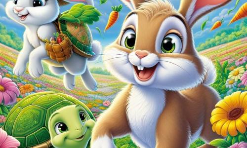 In the center of the image, Benny, a brave little rabbit with long, floppy ears, is joyfully hopping through a field of colorful flowers, his face radiating excitement and determination. His soft light brown fur and a small bag made of leaves filled with carrots and berries accompany him. Next to him, Rosie, a pretty rabbit with sparkling eyes and bright white fur, smiles gratefully, her paws resting on the flowery ground, looking hopeful and ready to join Benny on his adventure. In the background, Timmy, a wise turtle with a green shell adorned with golden patterns, moves slowly but surely, displaying an expression of confidence and support while wearing a small leaf hat that adds a whimsical touch to his appearance. The setting is a beautiful sunny field filled with multicolored flowers dancing in the gentle breeze, under a clear blue sky dotted with fluffy white clouds. In the distance, the outlines of an enchanted forest add a touch of mystery to the environment. The main scene shows Benny and his friends preparing for an exciting adventure, determined to help Rosie rediscover the magic of Dream Meadow, their faces lit up with excitement and friendship.